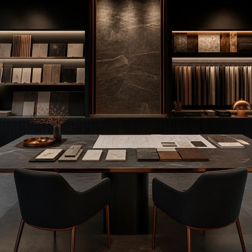 Design consultation table with architectural plans and finish samples