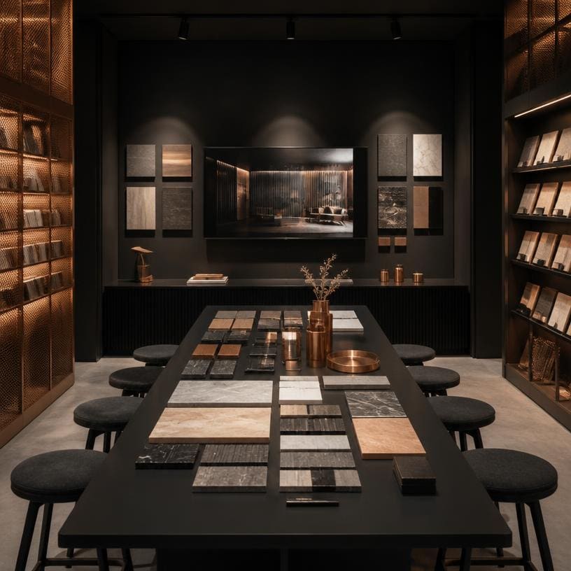 Showroom masterclass table arranged with architectural material samples